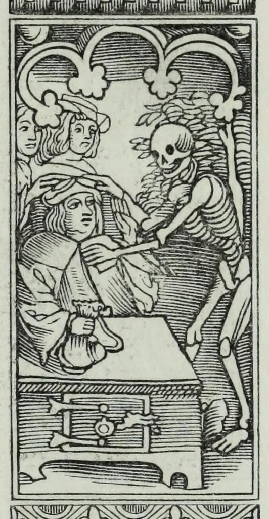 An illustration from The celebrated Hans Holbein's Alphabet of death : illustrated with old borders engraved on wood with Latin sentences and English quatrains, 1856, leaf 39