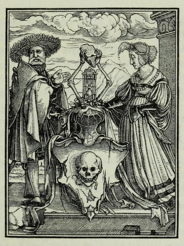 An illustration from The celebrated Hans Holbein's Alphabet of death : illustrated with old borders engraved on wood with Latin sentences and English quatrains, 1856, leaf 9