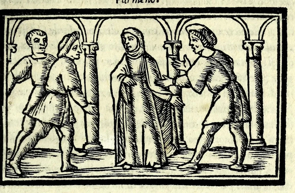An illustration from Celestina : tragicomedia de Calisto et Melibea : novamente tradotta de lingua castigliana in italiano idioma : agiontoui di nuouo tutto quello che fin al giorno presente li mancaua : dapoi ogni altra impressione nouissimamente corretta, distinta, ordinata, & in piu com̃oda forma redotta, adornata, lequal cose nelle altre ĩpressione non si troua, 1531, leaf 113