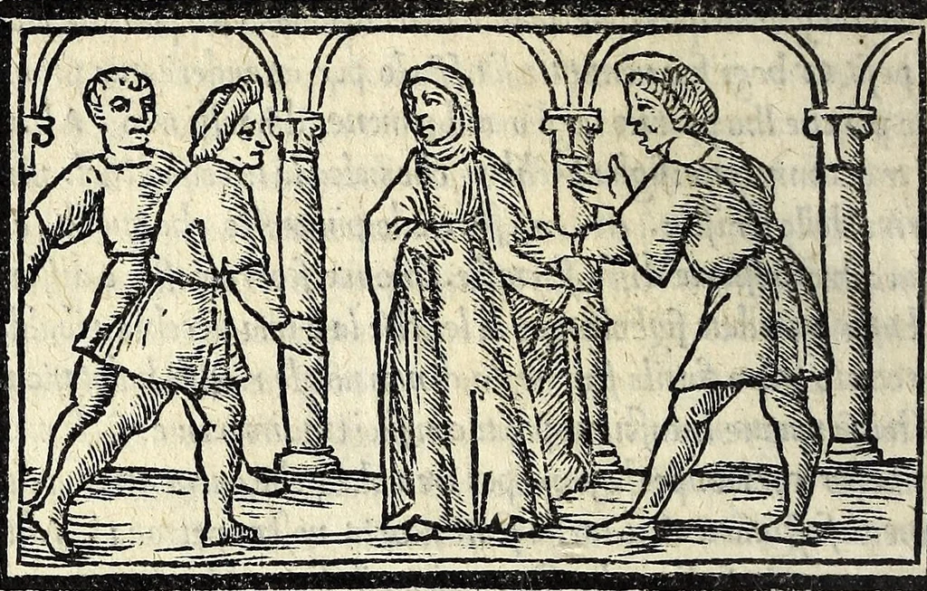 An illustration from Celestina : tragicomedia de Calisto et Melibea : novamente tradotta de lingua castigliana in italiano idioma : agiontoui di nuouo tutto quello che fin al giorno presente li mancaua : dapoi ogni altra impressione nouissimamente corretta, distinta, ordinata, & in piu com̃oda forma redotta, adornata, lequal cose nelle altre ĩpressione non si troua, 1531, leaf 128