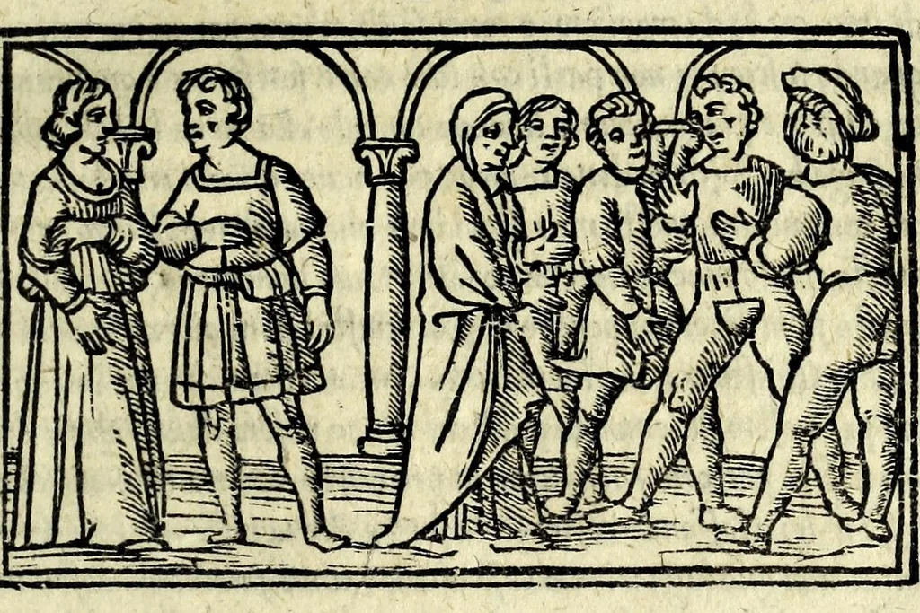 An illustration from Celestina : tragicomedia de Calisto et Melibea : novamente tradotta de lingua castigliana in italiano idioma : agiontoui di nuouo tutto quello che fin al giorno presente li mancaua : dapoi ogni altra impressione nouissimamente corretta, distinta, ordinata, & in piu com̃oda forma redotta, adornata, lequal cose nelle altre ĩpressione non si troua, 1531, leaf 137