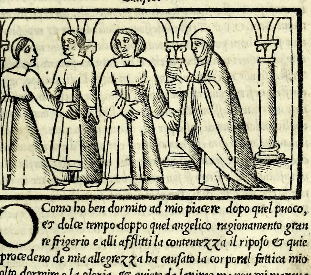 An illustration from Celestina : tragicomedia de Calisto et Melibea : novamente tradotta de lingua castigliana in italiano idioma : agiontoui di nuouo tutto quello che fin al giorno presente li mancaua : dapoi ogni altra impressione nouissimamente corretta, distinta, ordinata, & in piu com̃oda forma redotta, adornata, lequal cose nelle altre ĩpressione non si troua, 1531, leaf 167