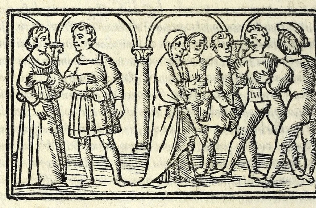 An illustration from Celestina : tragicomedia de Calisto et Melibea : novamente tradotta de lingua castigliana in italiano idioma : agiontoui di nuouo tutto quello che fin al giorno presente li mancaua : dapoi ogni altra impressione nouissimamente corretta, distinta, ordinata, & in piu com̃oda forma redotta, adornata, lequal cose nelle altre ĩpressione non si troua, 1531, leaf 172