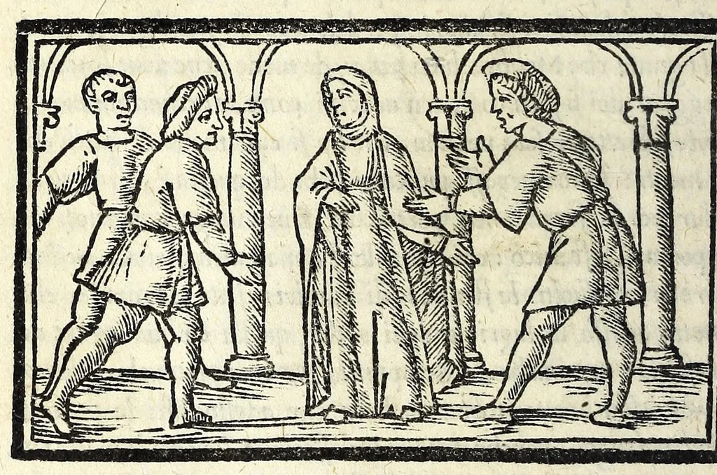An illustration from Celestina : tragicomedia de Calisto et Melibea : novamente tradotta de lingua castigliana in italiano idioma : agiontoui di nuouo tutto quello che fin al giorno presente li mancaua : dapoi ogni altra impressione nouissimamente corretta, distinta, ordinata, & in piu com̃oda forma redotta, adornata, lequal cose nelle altre ĩpressione non si troua, 1531, leaf 182