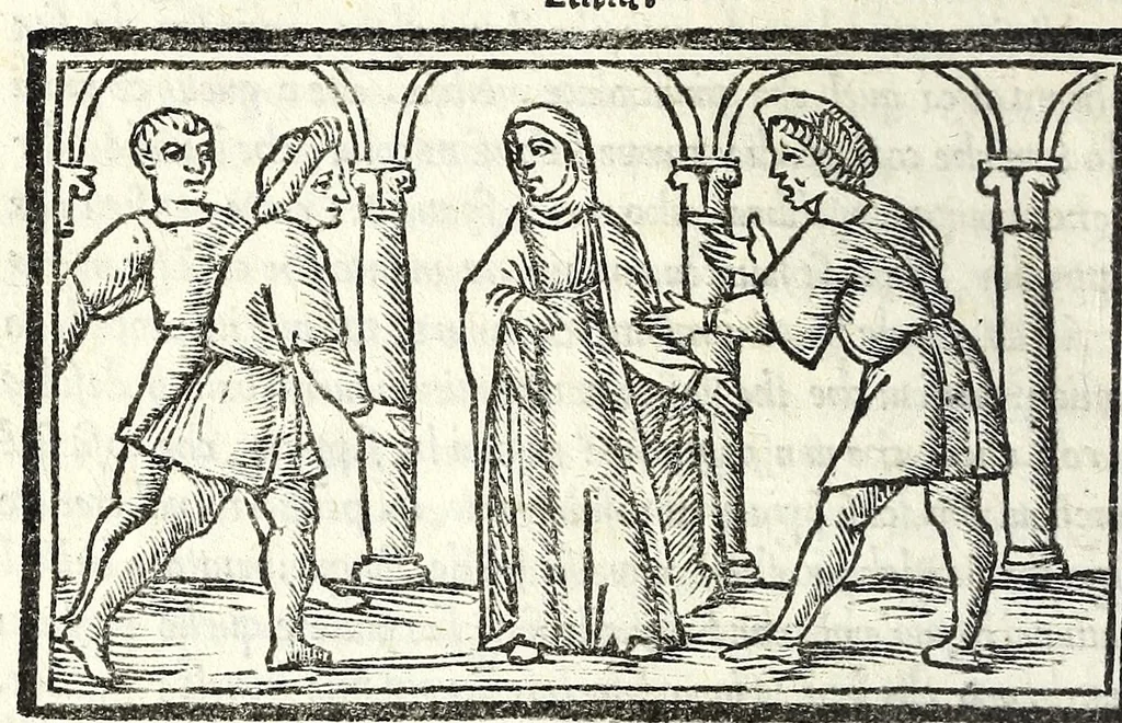 An illustration from Celestina : tragicomedia de Calisto et Melibea : novamente tradotta de lingua castigliana in italiano idioma : agiontoui di nuouo tutto quello che fin al giorno presente li mancaua : dapoi ogni altra impressione nouissimamente corretta, distinta, ordinata, & in piu com̃oda forma redotta, adornata, lequal cose nelle altre ĩpressione non si troua, 1531, leaf 194