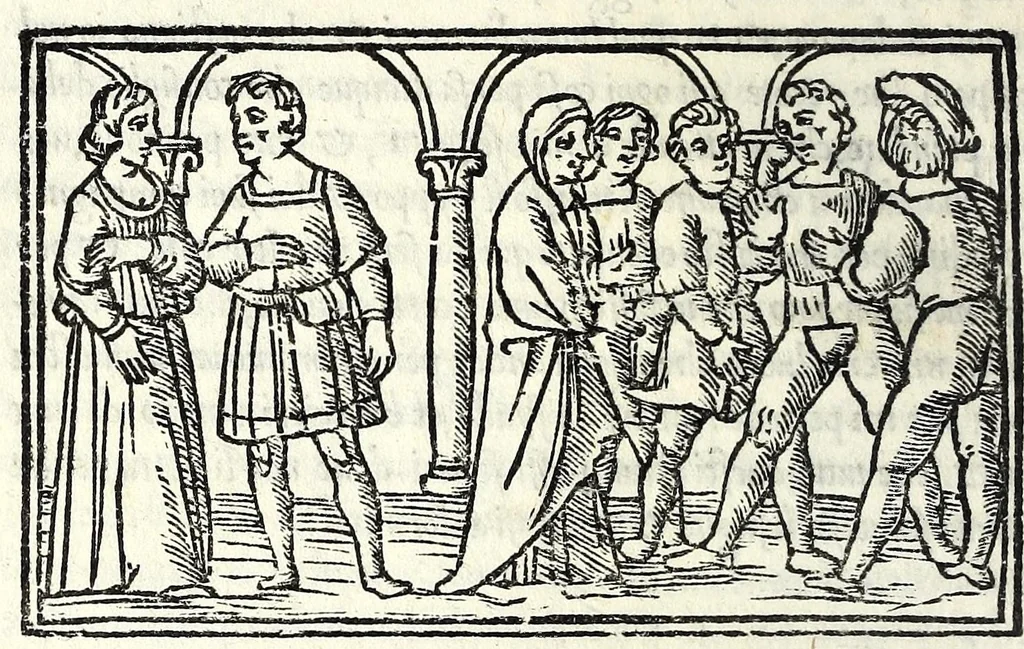 An illustration from Celestina : tragicomedia de Calisto et Melibea : novamente tradotta de lingua castigliana in italiano idioma : agiontoui di nuouo tutto quello che fin al giorno presente li mancaua : dapoi ogni altra impressione nouissimamente corretta, distinta, ordinata, & in piu com̃oda forma redotta, adornata, lequal cose nelle altre ĩpressione non si troua, 1531, leaf 206