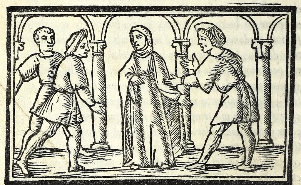 An illustration from Celestina : tragicomedia de Calisto et Melibea : novamente tradotta de lingua castigliana in italiano idioma : agiontoui di nuouo tutto quello che fin al giorno presente li mancaua : dapoi ogni altra impressione nouissimamente corretta, distinta, ordinata, & in piu com̃oda forma redotta, adornata, lequal cose nelle altre ĩpressione non si troua, 1531, leaf 214
