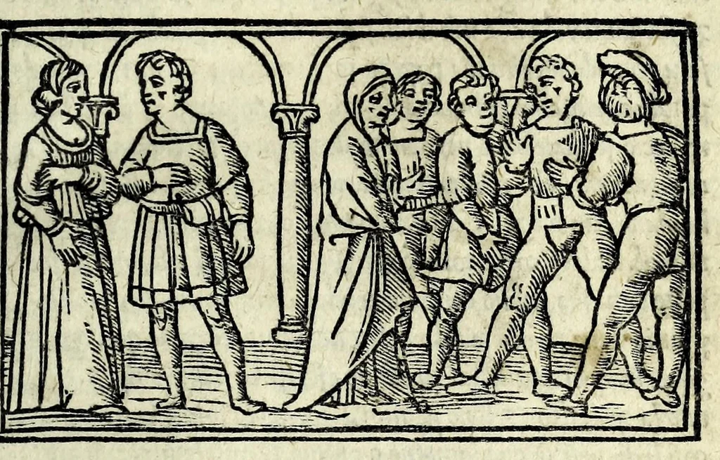 An illustration from Celestina : tragicomedia de Calisto et Melibea : novamente tradotta de lingua castigliana in italiano idioma : agiontoui di nuouo tutto quello che fin al giorno presente li mancaua : dapoi ogni altra impressione nouissimamente corretta, distinta, ordinata, & in piu com̃oda forma redotta, adornata, lequal cose nelle altre ĩpressione non si troua, 1531, leaf 23