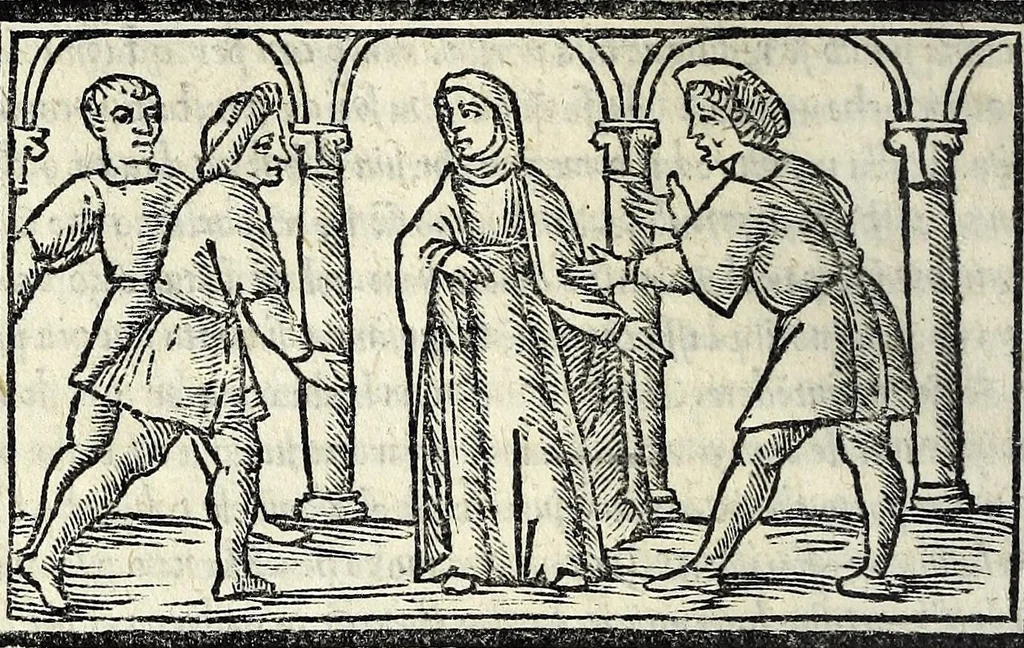 An illustration from Celestina : tragicomedia de Calisto et Melibea : novamente tradotta de lingua castigliana in italiano idioma : agiontoui di nuouo tutto quello che fin al giorno presente li mancaua : dapoi ogni altra impressione nouissimamente corretta, distinta, ordinata, & in piu com̃oda forma redotta, adornata, lequal cose nelle altre ĩpressione non si troua, 1531, leaf 50