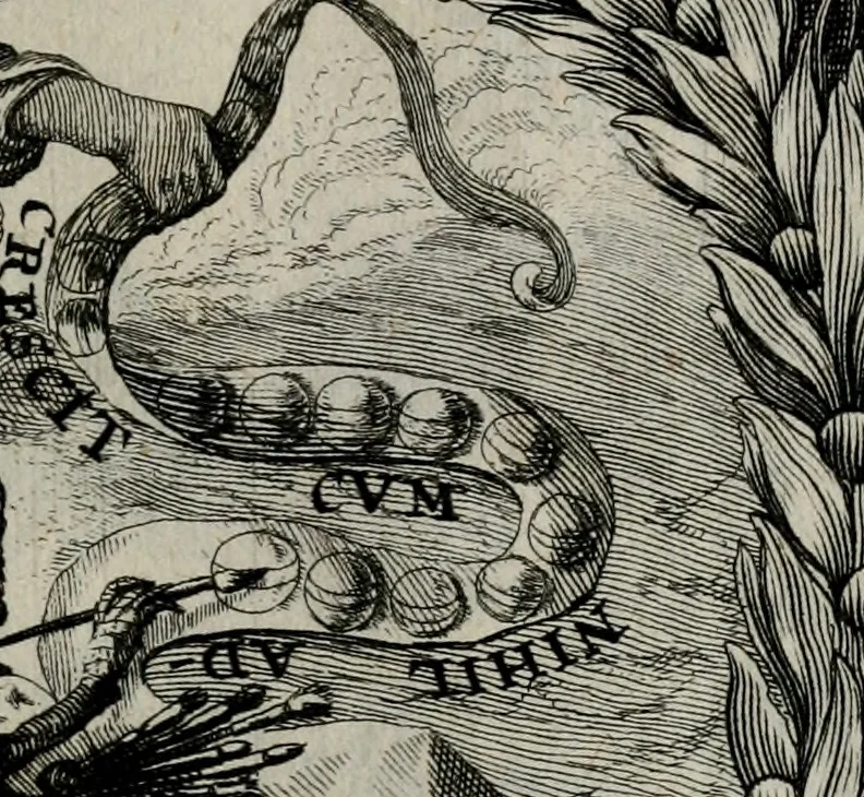 An illustration from Cenotaphium piis manibus Ferdinandi III. Rom Imp. ... : Caesareis Virtutib. et Symbolis adornatum à Caesareo et Academico Collegio Soc[e]tis Jesu Vienna inter parentales moerores erectum, Die XIII. Junii Anno D[omi]ni MDCLVII, 1657, leaf 10