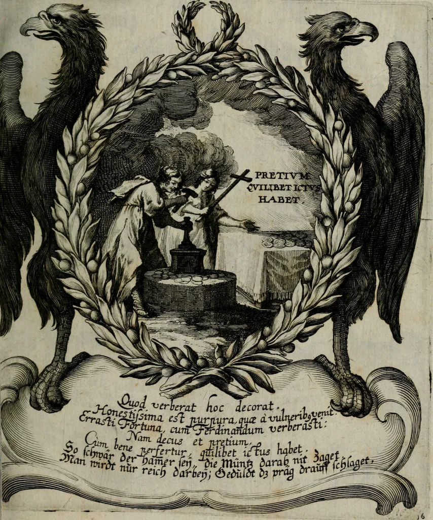 An illustration from Cenotaphium piis manibus Ferdinandi III. Rom Imp. ... : Caesareis Virtutib. et Symbolis adornatum à Caesareo et Academico Collegio Soc[e]tis Jesu Vienna inter parentales moerores erectum, Die XIII. Junii Anno D[omi]ni MDCLVII, 1657, leaf 38