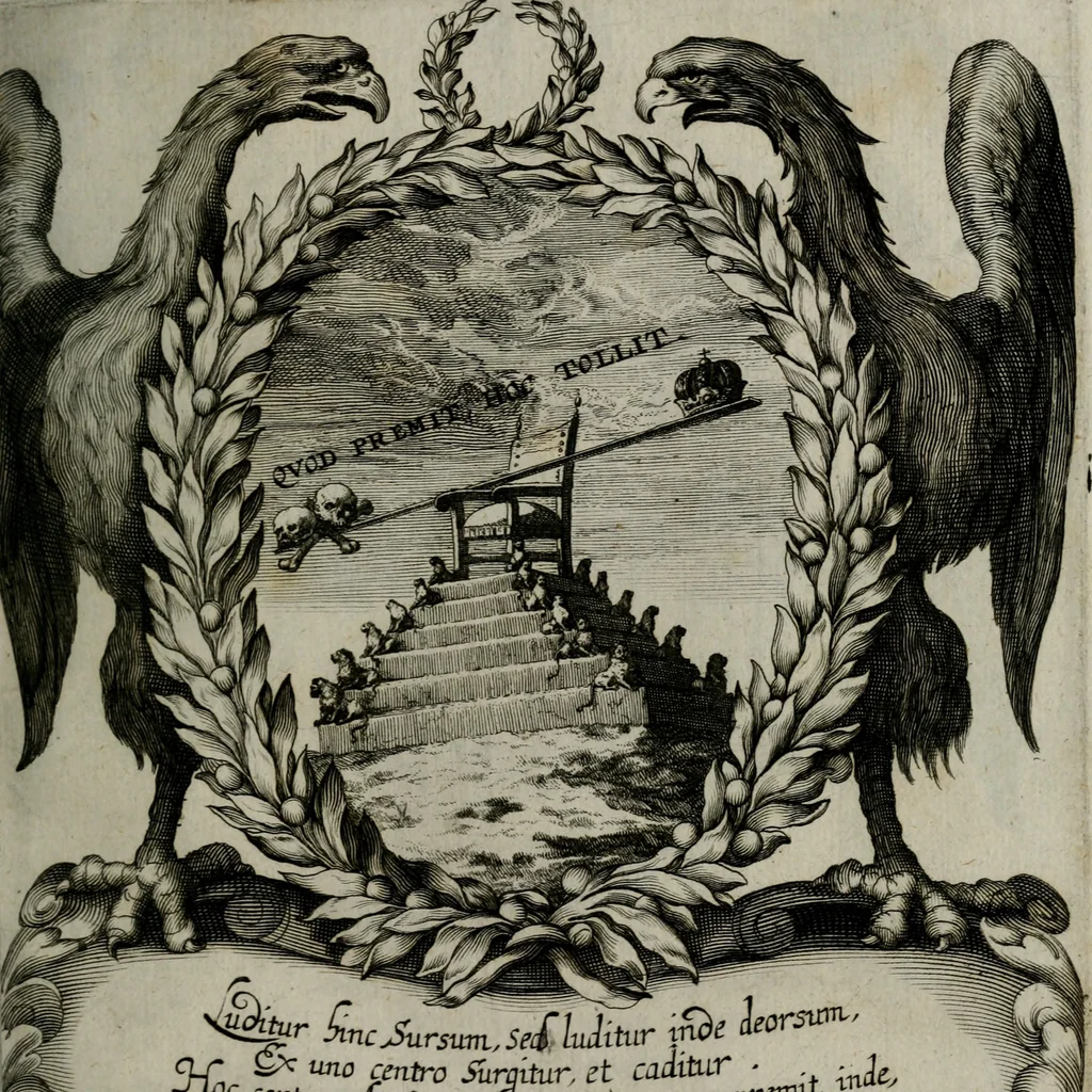 An illustration from Cenotaphium piis manibus Ferdinandi III. Rom Imp. ... : Caesareis Virtutib. et Symbolis adornatum à Caesareo et Academico Collegio Soc[e]tis Jesu Vienna inter parentales moerores erectum, Die XIII. Junii Anno D[omi]ni MDCLVII, 1657, leaf 42