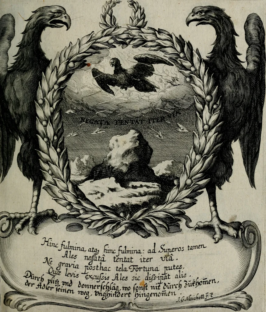 An illustration from Cenotaphium piis manibus Ferdinandi III. Rom Imp. ... : Caesareis Virtutib. et Symbolis adornatum à Caesareo et Academico Collegio Soc[e]tis Jesu Vienna inter parentales moerores erectum, Die XIII. Junii Anno D[omi]ni MDCLVII, 1657, leaf 46