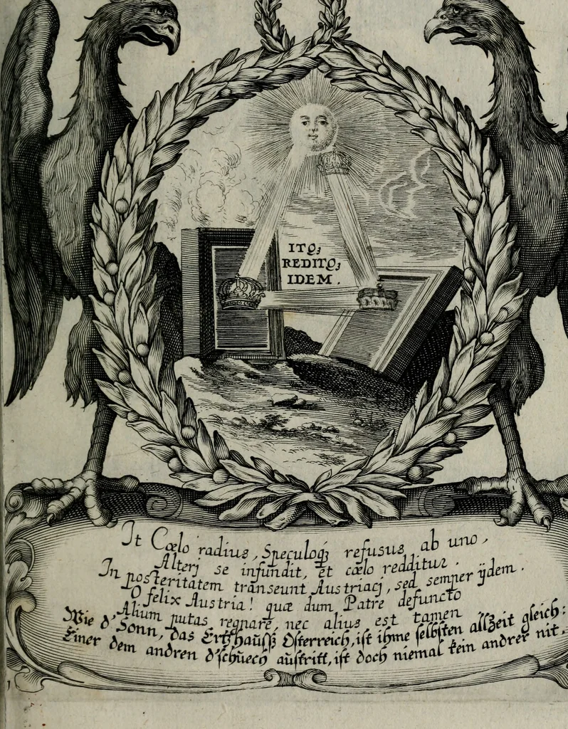 An illustration from Cenotaphium piis manibus Ferdinandi III. Rom Imp. ... : Caesareis Virtutib. et Symbolis adornatum à Caesareo et Academico Collegio Soc[e]tis Jesu Vienna inter parentales moerores erectum, Die XIII. Junii Anno D[omi]ni MDCLVII, 1657, leaf 48