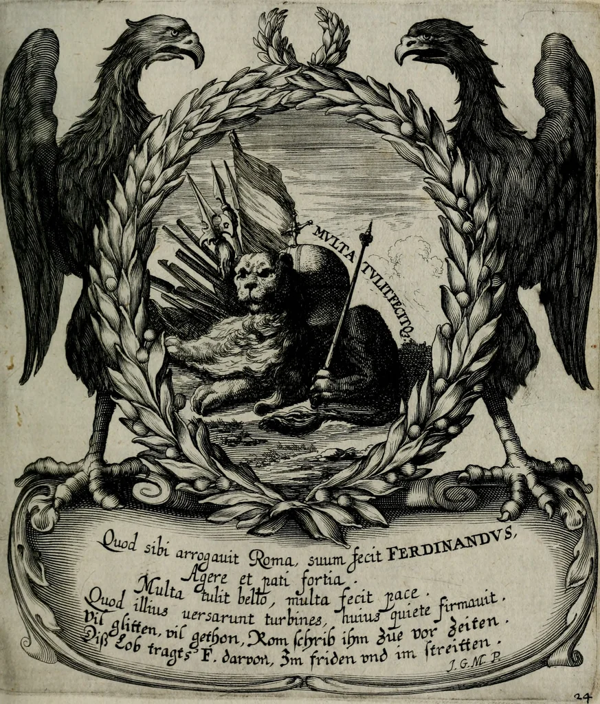 An illustration from Cenotaphium piis manibus Ferdinandi III. Rom Imp. ... : Caesareis Virtutib. et Symbolis adornatum à Caesareo et Academico Collegio Soc[e]tis Jesu Vienna inter parentales moerores erectum, Die XIII. Junii Anno D[omi]ni MDCLVII, 1657, leaf 54