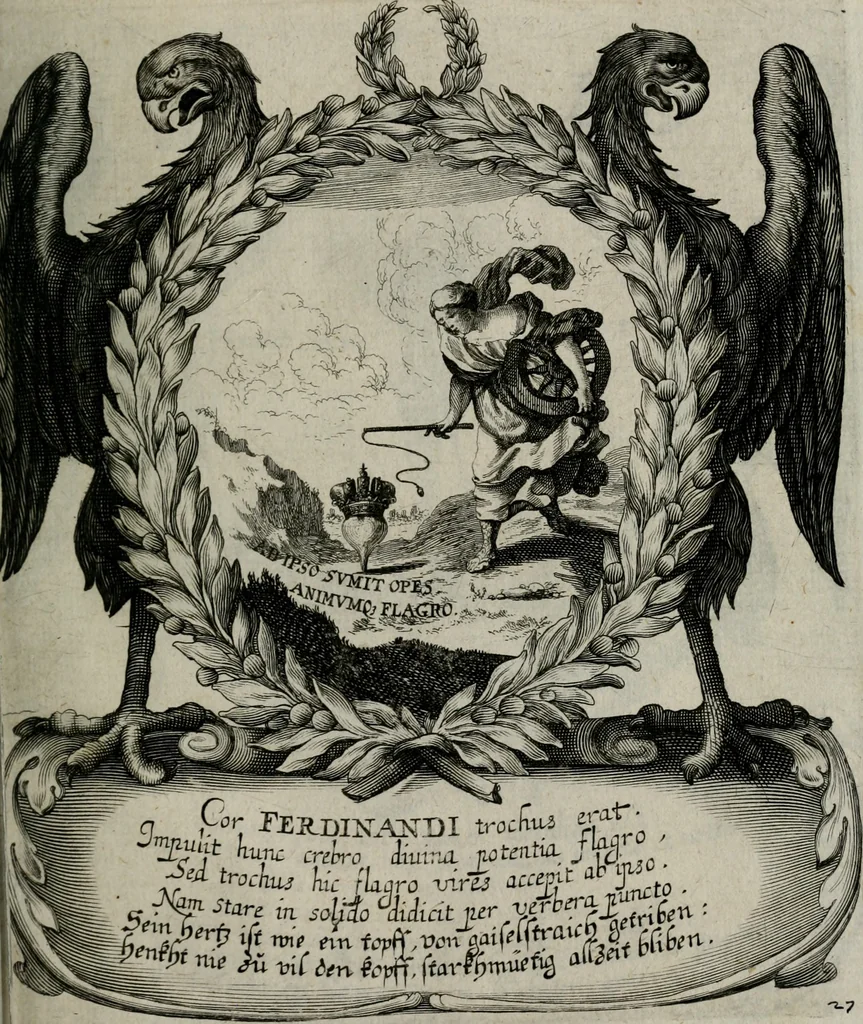 An illustration from Cenotaphium piis manibus Ferdinandi III. Rom Imp. ... : Caesareis Virtutib. et Symbolis adornatum à Caesareo et Academico Collegio Soc[e]tis Jesu Vienna inter parentales moerores erectum, Die XIII. Junii Anno D[omi]ni MDCLVII, 1657, leaf 60