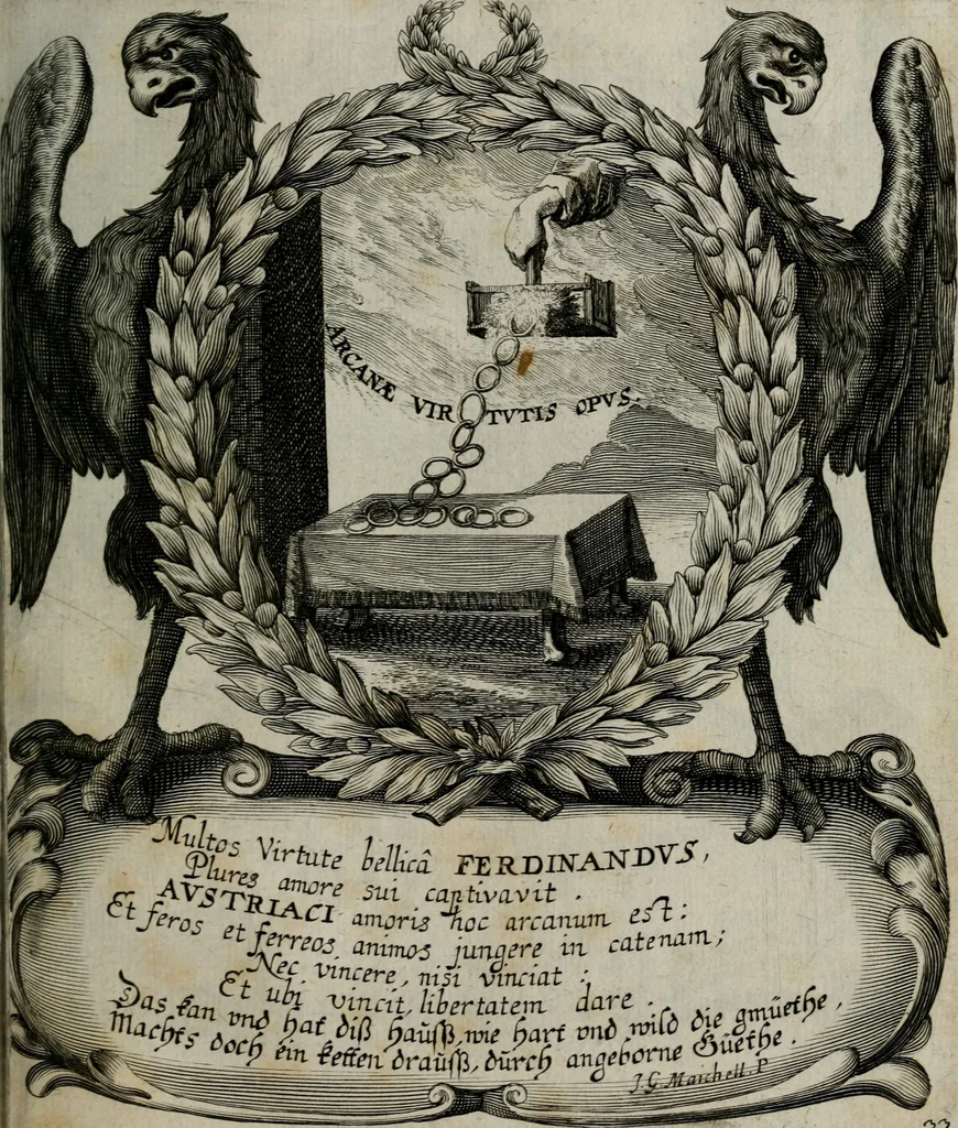 An illustration from Cenotaphium piis manibus Ferdinandi III. Rom Imp. ... : Caesareis Virtutib. et Symbolis adornatum à Caesareo et Academico Collegio Soc[e]tis Jesu Vienna inter parentales moerores erectum, Die XIII. Junii Anno D[omi]ni MDCLVII, 1657, leaf 72