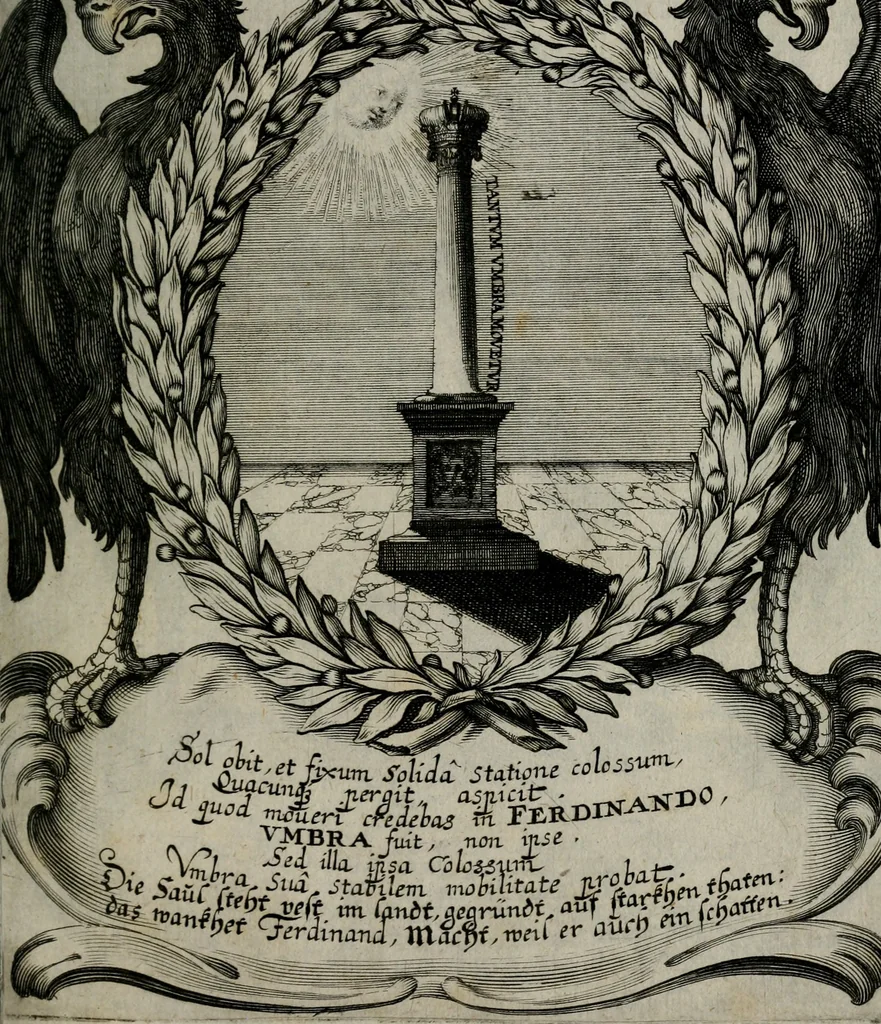 An illustration from Cenotaphium piis manibus Ferdinandi III. Rom Imp. ... : Caesareis Virtutib. et Symbolis adornatum à Caesareo et Academico Collegio Soc[e]tis Jesu Vienna inter parentales moerores erectum, Die XIII. Junii Anno D[omi]ni MDCLVII, 1657, leaf 74