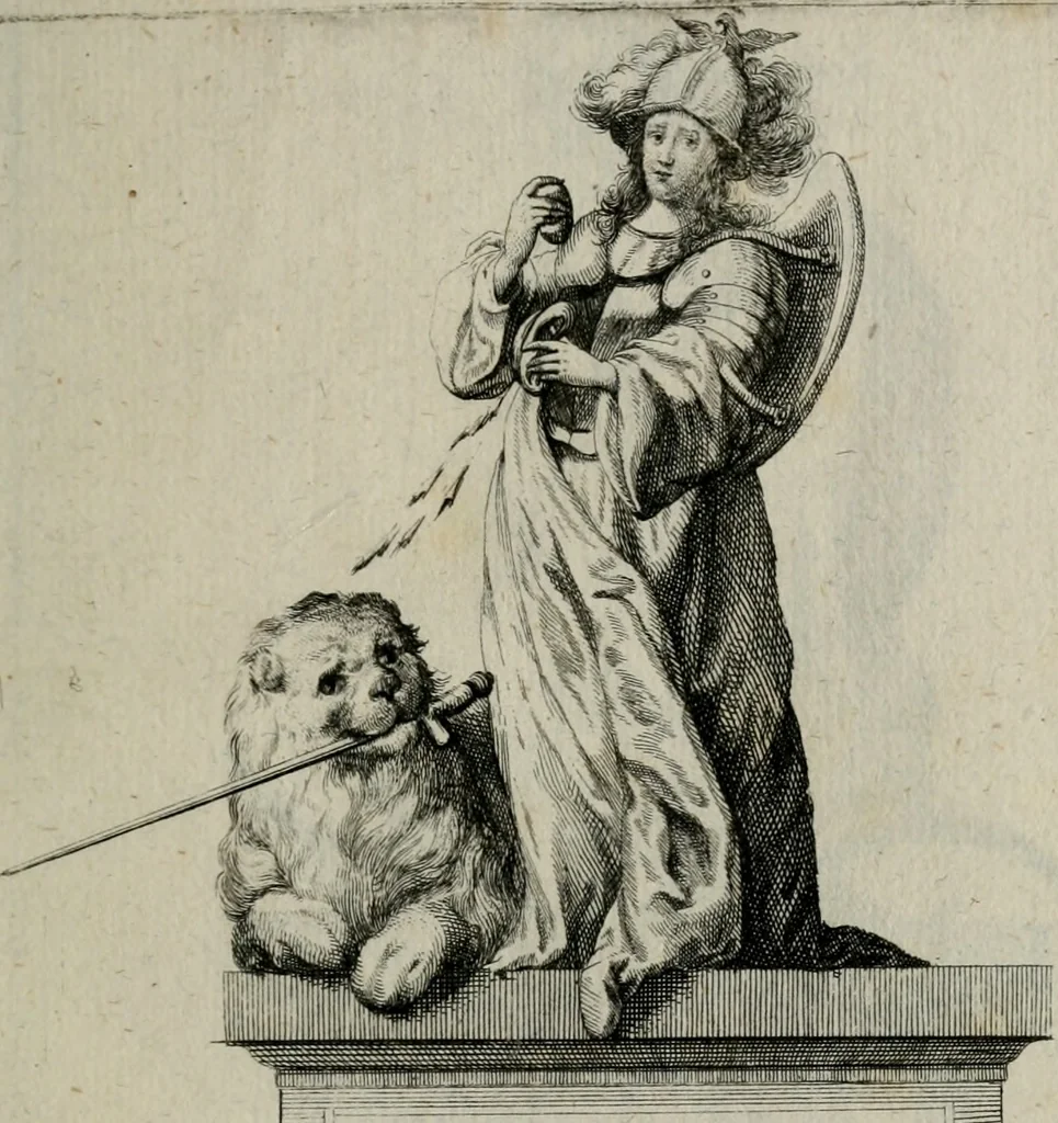 An illustration from Cenotaphium piis manibus Ferdinandi III. Rom Imp. ... : Caesareis Virtutib. et Symbolis adornatum à Caesareo et Academico Collegio Soc[e]tis Jesu Vienna inter parentales moerores erectum, Die XIII. Junii Anno D[omi]ni MDCLVII, 1657, leaf 84