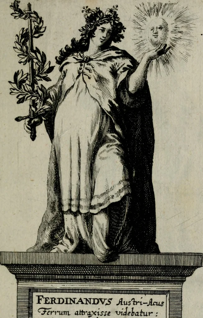 An illustration from Cenotaphium piis manibus Ferdinandi III. Rom Imp. ... : Caesareis Virtutib. et Symbolis adornatum à Caesareo et Academico Collegio Soc[e]tis Jesu Vienna inter parentales moerores erectum, Die XIII. Junii Anno D[omi]ni MDCLVII, 1657, leaf 88