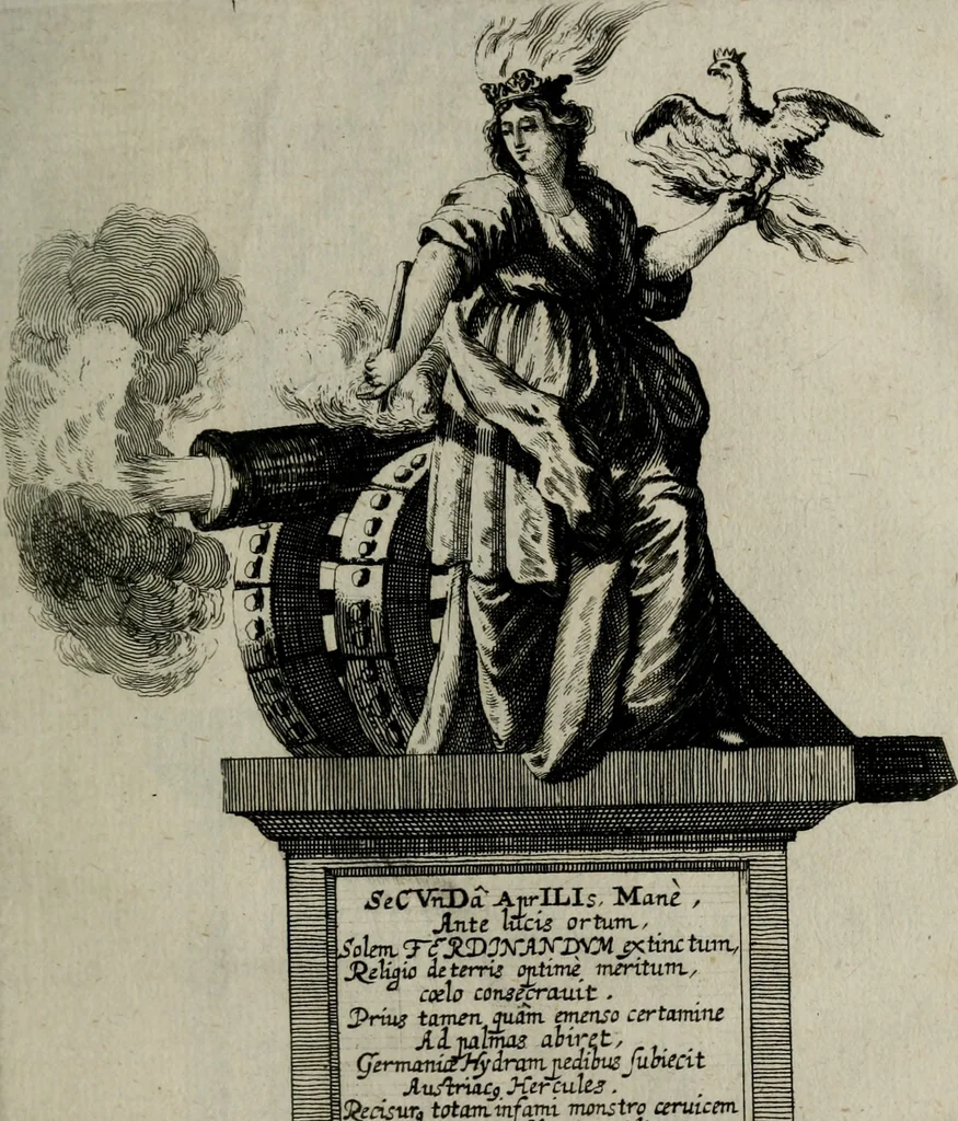 An illustration from Cenotaphium piis manibus Ferdinandi III. Rom Imp. ... : Caesareis Virtutib. et Symbolis adornatum à Caesareo et Academico Collegio Soc[e]tis Jesu Vienna inter parentales moerores erectum, Die XIII. Junii Anno D[omi]ni MDCLVII, 1657, leaf 92