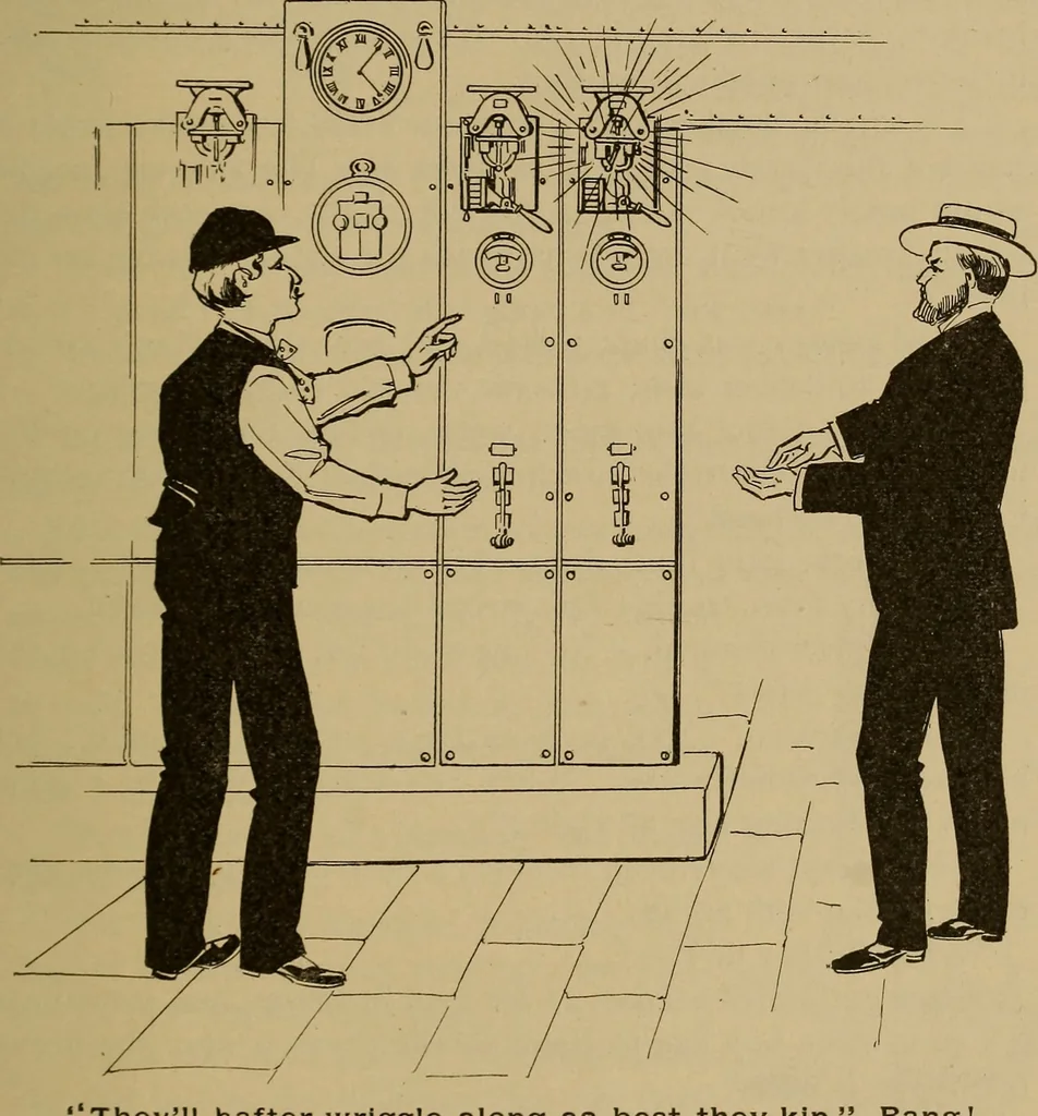An illustration from Central station experiences, a series of narratives on the trials and tribulations of a steam engineer while learning to run an electric station;, 1901, leaf 50