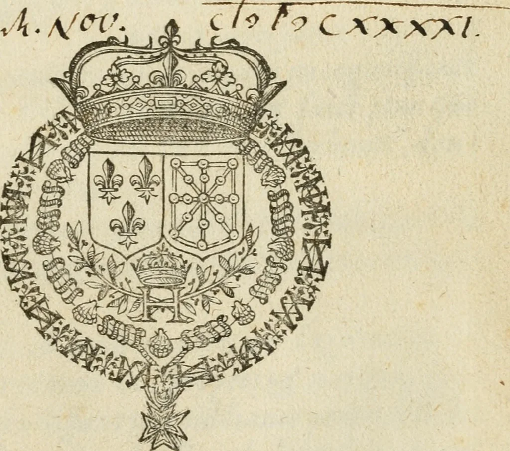 An illustration from Ceremonies observees au sacre et coronement du tres-chrestien et tres-valeureux Henry IIII, roy de France & de Navarre : ensemble en la reception de l'Ordre du S. Esprit en l'eglise de Chartres, és XXVII. & XXVIIIe iours du mois de feurier, M.D.XCIIII, 1594, leaf 6