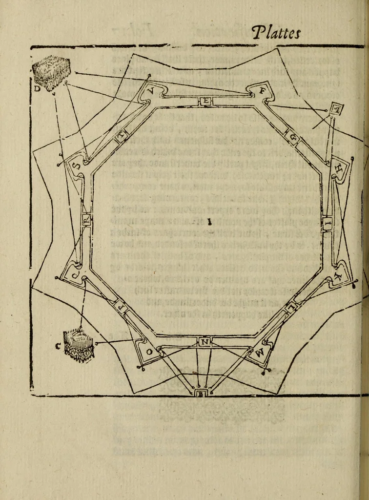 An illustration from Certaine vvayes for the ordering of souldiours in battelray, and setting of battayles, after diuers fashions with their maner of marching : and also fugures [sic] of certayne newe plattes for fortification of townes : and moreouer, howe to make saltpeter, gunpouder and diuers sortes of fireworkes or wilde fyre, with other thinges appertayning to the warres, 1573, leaf 38