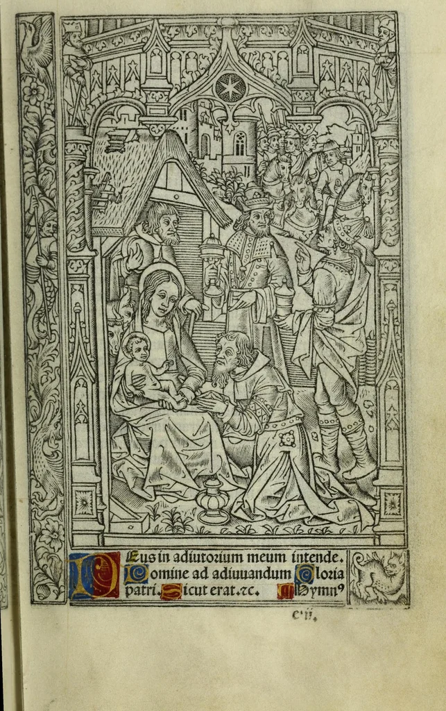 An illustration from Ces presentes heures a lusaige de Romme furent acheuees le xvii. iour de Auril. Lan .M.CCCC.iiii.xx. et xvii. pour Simon vostre Libraire demoura[n]t a la rue neueu a lenseigne sainct Jehan leuangeliste, leaf 71