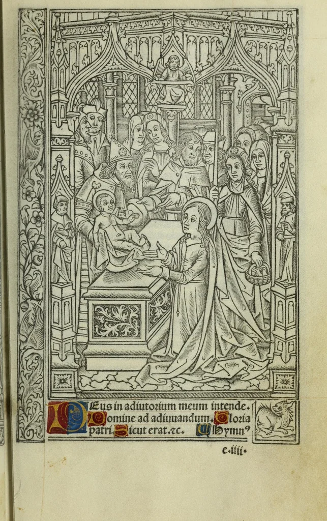 An illustration from Ces presentes heures a lusaige de Romme furent acheuees le xvii. iour de Auril. Lan .M.CCCC.iiii.xx. et xvii. pour Simon vostre Libraire demoura[n]t a la rue neueu a lenseigne sainct Jehan leuangeliste, leaf 75