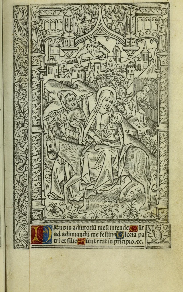 An illustration from Ces presentes heures a lusaige de Romme furent acheuees le xvii. iour de Auril. Lan .M.CCCC.iiii.xx. et xvii. pour Simon vostre Libraire demoura[n]t a la rue neueu a lenseigne sainct Jehan leuangeliste, leaf 79