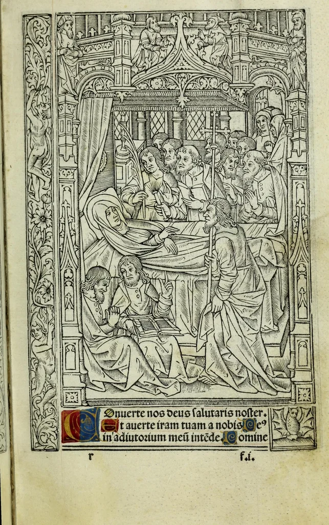 An illustration from Ces presentes heures a lusaige de Romme furent acheuees le xvii. iour de Auril. Lan .M.CCCC.iiii.xx. et xvii. pour Simon vostre Libraire demoura[n]t a la rue neueu a lenseigne sainct Jehan leuangeliste, leaf 85