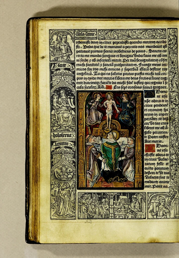 An illustration from Ces presentes heures a lusaige de Rom[m]e fure[n]t acheuez lan mil. CCCC.iiii.xx. [et] xviii. le xxii. iour de aoust pour Symo[n] Vostre libraire demoura[n]t a Paris a la rue neuue Nostre Dame a lenseigne Sainct Jehan leuangeliste, leaf 120