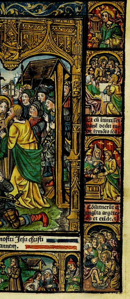 An illustration from Ces presentes heures a lusaige de Rom[m]e fure[n]t acheuez lan mil. CCCC.iiii.xx. [et] xviii. le xxii. iour de aoust pour Symo[n] Vostre libraire demoura[n]t a Paris a la rue neuue Nostre Dame a lenseigne Sainct Jehan leuangeliste, leaf 19