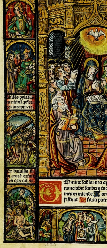 An illustration from Ces presentes heures a lusaige de Rom[m]e fure[n]t acheuez lan mil. CCCC.iiii.xx. [et] xviii. le xxii. iour de aoust pour Symo[n] Vostre libraire demoura[n]t a Paris a la rue neuue Nostre Dame a lenseigne Sainct Jehan leuangeliste, leaf 44