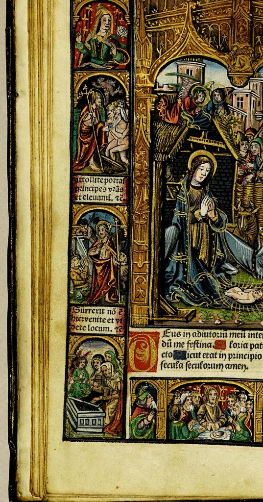 An illustration from Ces presentes heures a lusaige de Rom[m]e fure[n]t acheuez lan mil. CCCC.iiii.xx. [et] xviii. le xxii. iour de aoust pour Symo[n] Vostre libraire demoura[n]t a Paris a la rue neuue Nostre Dame a lenseigne Sainct Jehan leuangeliste, leaf 46