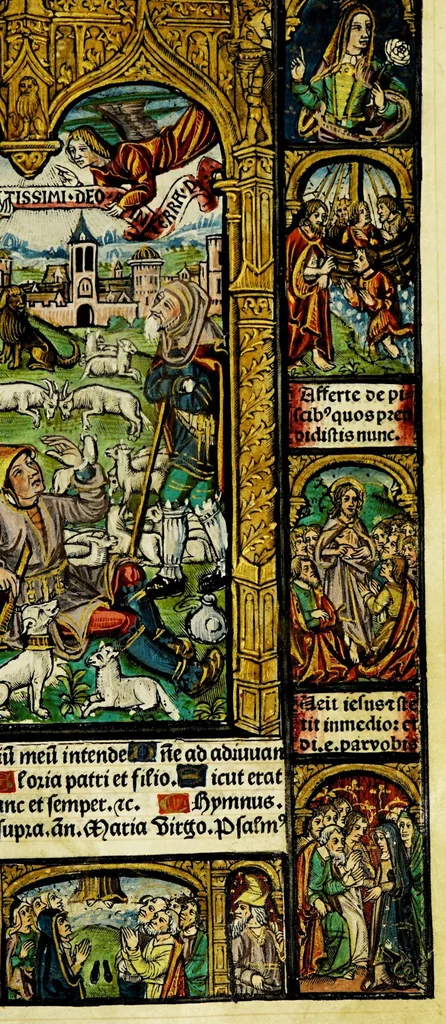 An illustration from Ces presentes heures a lusaige de Rom[m]e fure[n]t acheuez lan mil. CCCC.iiii.xx. [et] xviii. le xxii. iour de aoust pour Symo[n] Vostre libraire demoura[n]t a Paris a la rue neuue Nostre Dame a lenseigne Sainct Jehan leuangeliste, leaf 49