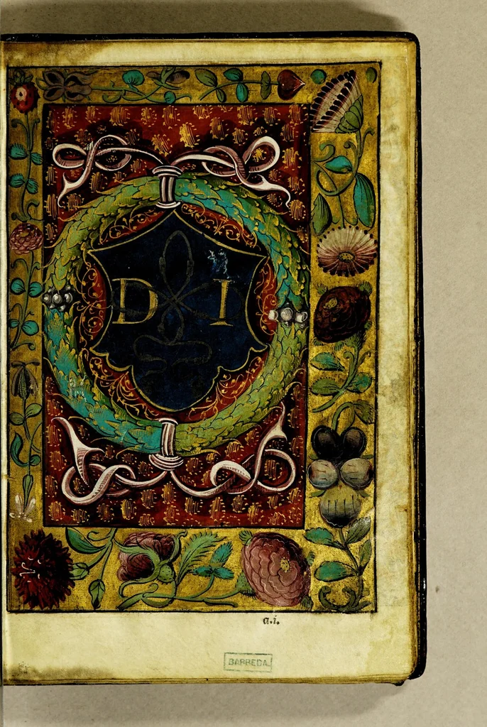 An illustration from Ces presentes heures a lusaige de Rom[m]e fure[n]t acheuez lan mil. CCCC.iiii.xx. [et] xviii. le xxii. iour de aoust pour Symo[n] Vostre libraire demoura[n]t a Paris a la rue neuue Nostre Dame a lenseigne Sainct Jehan leuangeliste, leaf 5
