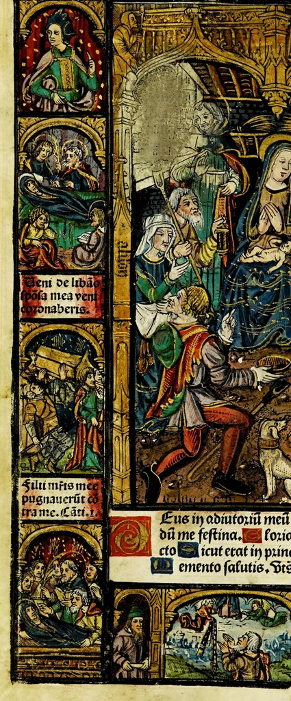 An illustration from Ces presentes heures a lusaige de Rom[m]e fure[n]t acheuez lan mil. CCCC.iiii.xx. [et] xviii. le xxii. iour de aoust pour Symo[n] Vostre libraire demoura[n]t a Paris a la rue neuue Nostre Dame a lenseigne Sainct Jehan leuangeliste, leaf 52
