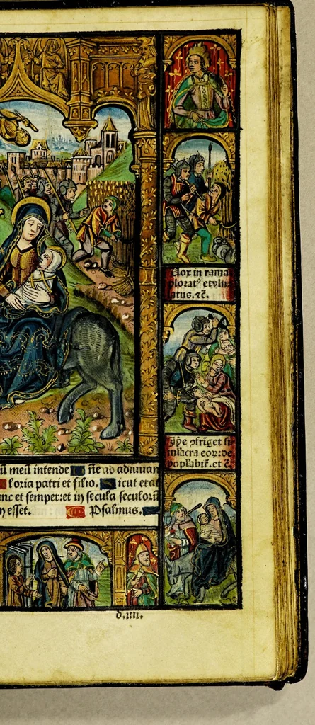 An illustration from Ces presentes heures a lusaige de Rom[m]e fure[n]t acheuez lan mil. CCCC.iiii.xx. [et] xviii. le xxii. iour de aoust pour Symo[n] Vostre libraire demoura[n]t a Paris a la rue neuue Nostre Dame a lenseigne Sainct Jehan leuangeliste, leaf 59