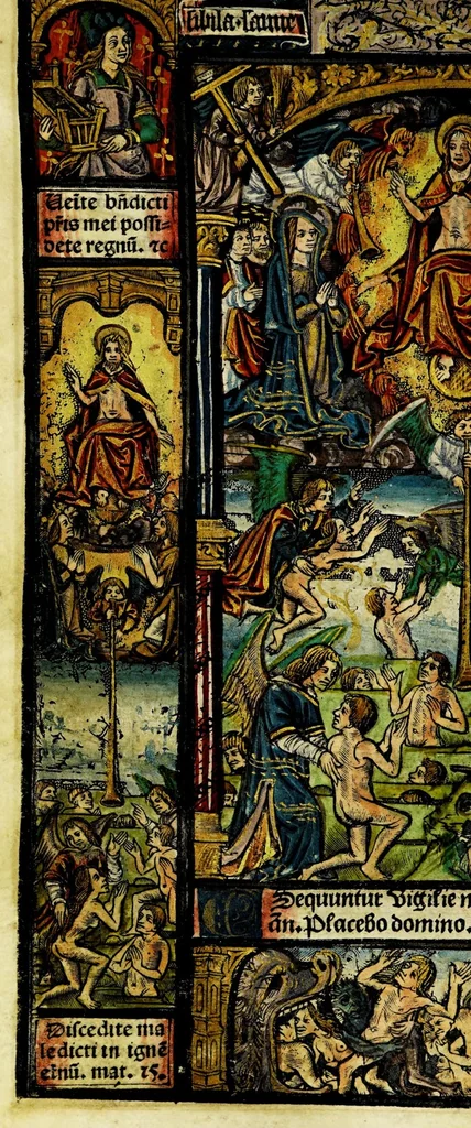 An illustration from Ces presentes heures a lusaige de Rom[m]e fure[n]t acheuez lan mil. CCCC.iiii.xx. [et] xviii. le xxii. iour de aoust pour Symo[n] Vostre libraire demoura[n]t a Paris a la rue neuue Nostre Dame a lenseigne Sainct Jehan leuangeliste, leaf 84