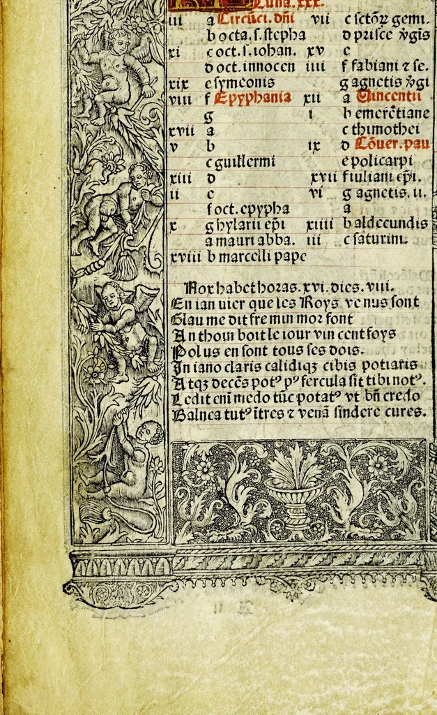 An illustration from Ces presentes heures a lusaige de Ro[m]me tout au long sans rie[n]s requerir : auec les figures de lapocalipse [&] plusieurs autres belles hystoires faictes a la mode dytalic, 1505, leaf 12