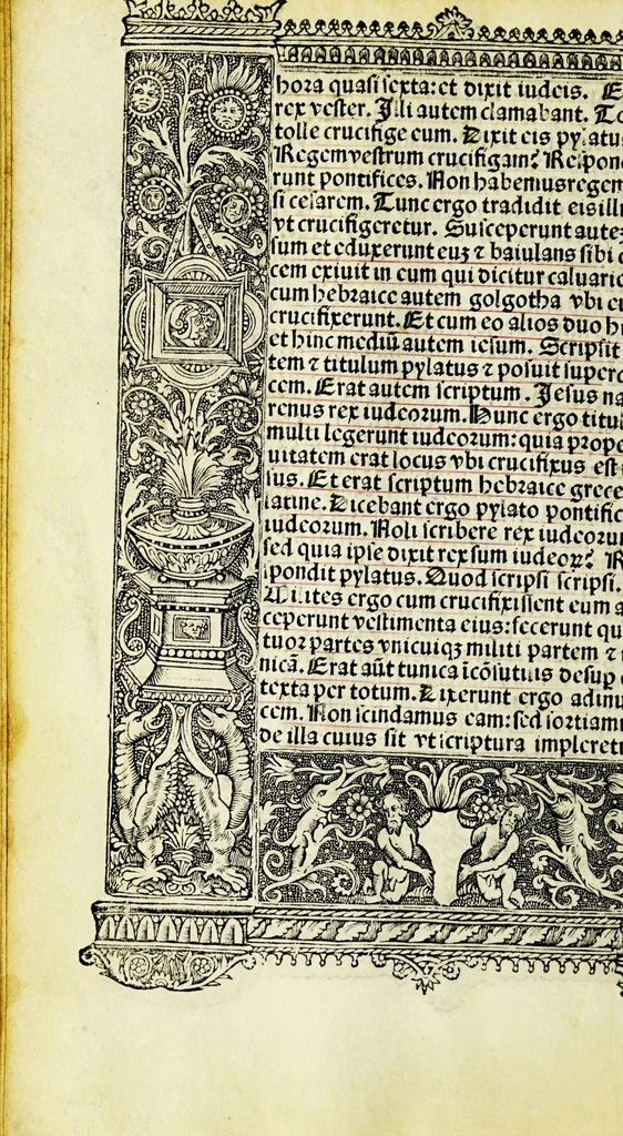 An illustration from Ces presentes heures a lusaige de Ro[m]me tout au long sans rie[n]s requerir : auec les figures de lapocalipse [&] plusieurs autres belles hystoires faictes a la mode dytalic, 1505, leaf 36
