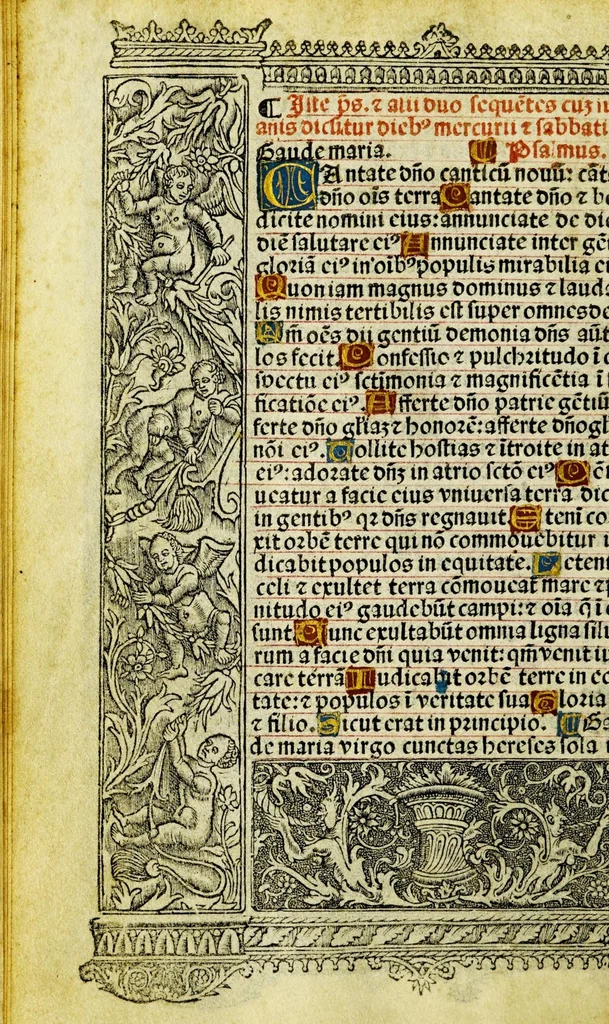 An illustration from Ces presentes heures a lusaige de Ro[m]me tout au long sans rie[n]s requerir : auec les figures de lapocalipse [&] plusieurs autres belles hystoires faictes a la mode dytalic, 1505, leaf 50