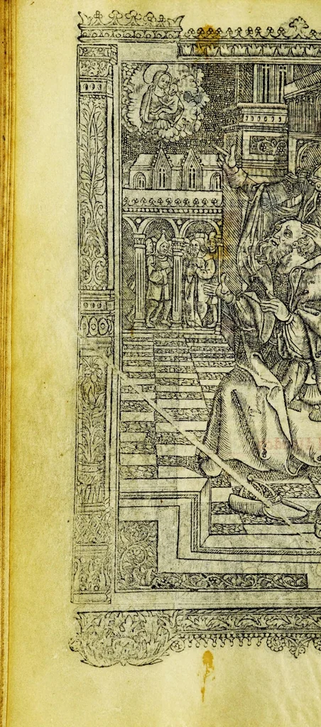 An illustration from Ces presentes heures a lusaige de Ro[m]me tout au long sans rie[n]s requerir : auec les figures de lapocalipse [&] plusieurs autres belles hystoires faictes a la mode dytalic, 1505, leaf 56