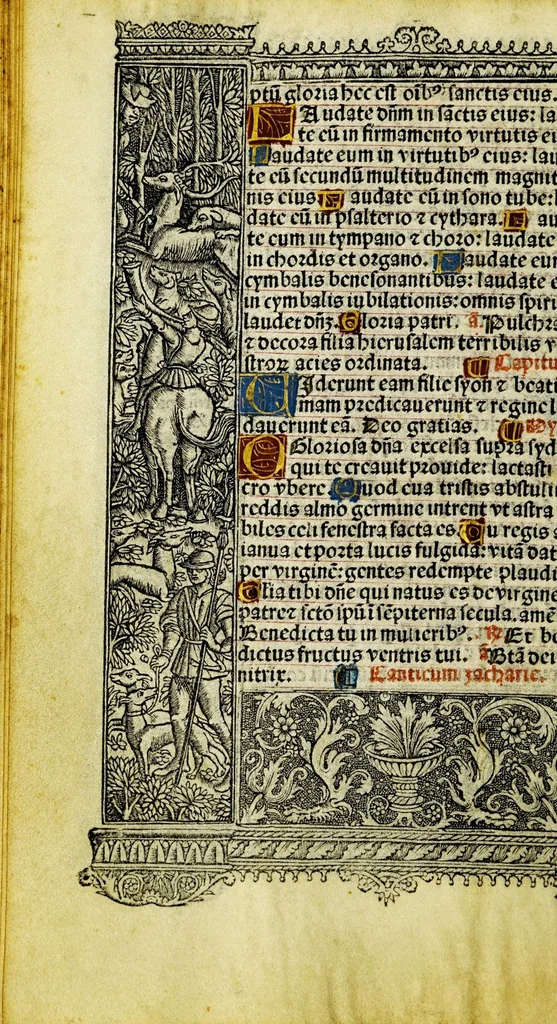 An illustration from Ces presentes heures a lusaige de Ro[m]me tout au long sans rie[n]s requerir : auec les figures de lapocalipse [&] plusieurs autres belles hystoires faictes a la mode dytalic, 1505, leaf 62