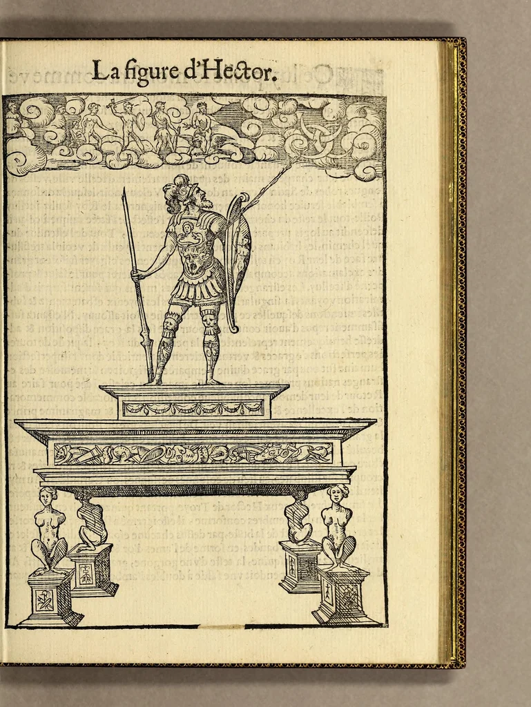 An illustration from Cest la deduction du sumptueux ordre, plaisantz spectacles et magnifiques theatres dresses, et exhibes par les citoiens de Rouen ville metropolitaine du pays de Normandie, : a la sacree maiesté du treschristian [sic] Roy de France, Henry Secō[n]d leur souuerain seigneur, et à tresillustre [sic] dame, ma dame Katharine de Medicis, la royne son espouze, lors de leur triumphant ioyeulx & nouuel aduenement en icelle ville, qui fut es iours de mercredy & ieudy premier & secō[n]d iours d'octobre, mil cinq cens cinquante, et pour plus expresse intelligence de ce tant excellent triumphe, les figures & pourtraictz des principaulx a[d]ornementz d'iceluy y sont apposez chascun en son lieu comme l'on pourra veoir par le discours de l'histoire. Auec priuilege du Roy, 1551, leaf 105