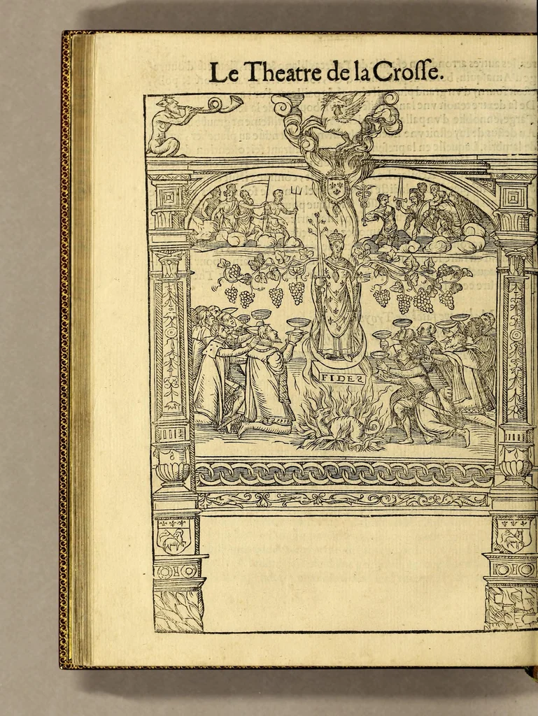 An illustration from Cest la deduction du sumptueux ordre, plaisantz spectacles et magnifiques theatres dresses, et exhibes par les citoiens de Rouen ville metropolitaine du pays de Normandie, : a la sacree maiesté du treschristian [sic] Roy de France, Henry Secō[n]d leur souuerain seigneur, et à tresillustre [sic] dame, ma dame Katharine de Medicis, la royne son espouze, lors de leur triumphant ioyeulx & nouuel aduenement en icelle ville, qui fut es iours de mercredy & ieudy premier & secō[n]d iours d'octobre, mil cinq cens cinquante, et pour plus expresse intelligence de ce tant excellent triumphe, les figures & pourtraictz des principaulx a[d]ornementz d'iceluy y sont apposez chascun en son lieu comme l'on pourra veoir par le discours de l'histoire. Auec priuilege du Roy, 1551, leaf 108