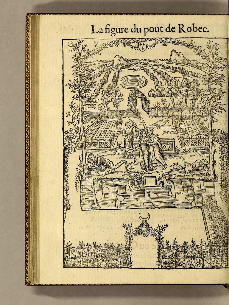 An illustration from Cest la deduction du sumptueux ordre, plaisantz spectacles et magnifiques theatres dresses, et exhibes par les citoiens de Rouen ville metropolitaine du pays de Normandie, : a la sacree maiesté du treschristian [sic] Roy de France, Henry Secō[n]d leur souuerain seigneur, et à tresillustre [sic] dame, ma dame Katharine de Medicis, la royne son espouze, lors de leur triumphant ioyeulx & nouuel aduenement en icelle ville, qui fut es iours de mercredy & ieudy premier & secō[n]d iours d'octobre, mil cinq cens cinquante, et pour plus expresse intelligence de ce tant excellent triumphe, les figures & pourtraictz des principaulx a[d]ornementz d'iceluy y sont apposez chascun en son lieu comme l'on pourra veoir par le discours de l'histoire. Auec priuilege du Roy, 1551, leaf 114