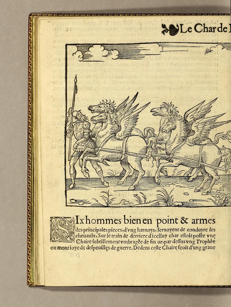 An illustration from Cest la deduction du sumptueux ordre, plaisantz spectacles et magnifiques theatres dresses, et exhibes par les citoiens de Rouen ville metropolitaine du pays de Normandie, : a la sacree maiesté du treschristian [sic] Roy de France, Henry Secō[n]d leur souuerain seigneur, et à tresillustre [sic] dame, ma dame Katharine de Medicis, la royne son espouze, lors de leur triumphant ioyeulx & nouuel aduenement en icelle ville, qui fut es iours de mercredy & ieudy premier & secō[n]d iours d'octobre, mil cinq cens cinquante, et pour plus expresse intelligence de ce tant excellent triumphe, les figures & pourtraictz des principaulx a[d]ornementz d'iceluy y sont apposez chascun en son lieu comme l'on pourra veoir par le discours de l'histoire. Auec priuilege du Roy, 1551, leaf 40